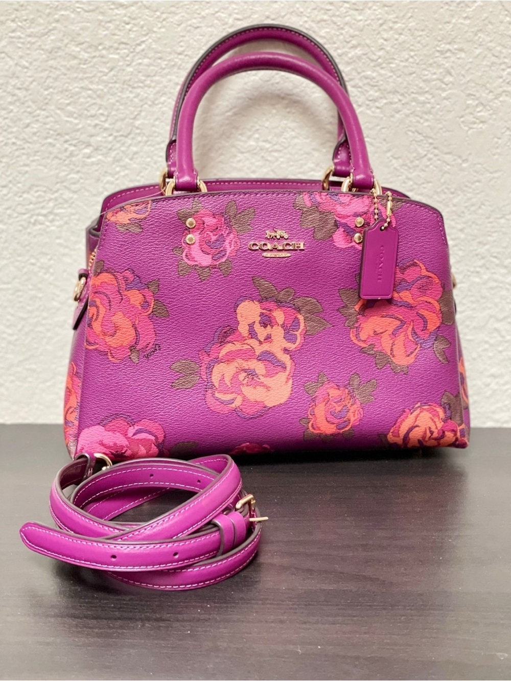 NWT Coach Mini Lillie Carryall With Jumbo Floral Print CF327 In Dark Magenta